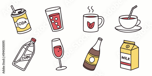 Assorted drinks and beverages including coffee, tea, milk, beer, and wine