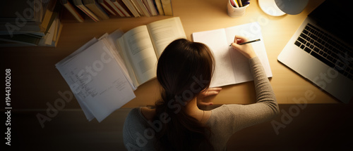 Student studying at desk at night with books and laptop. Concept of learning. Concept of exam preparation.