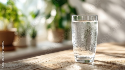 Clear glass of fresh water with condensation on a wooden table in a sunlit room.