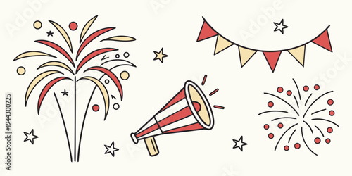 A festive scene featuring fireworks, a party popper, and a bunting flag with stars and stripes