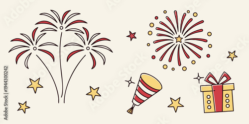 Colorful fireworks and sparklers with stars and a party popper.