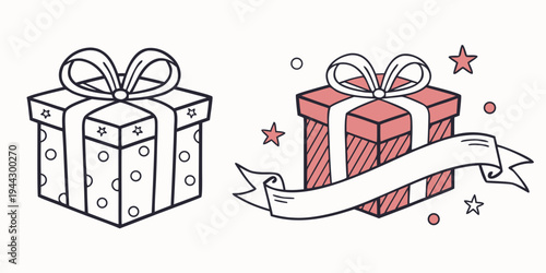 Two beautifully wrapped gifts with ribbons and decorative elements on top