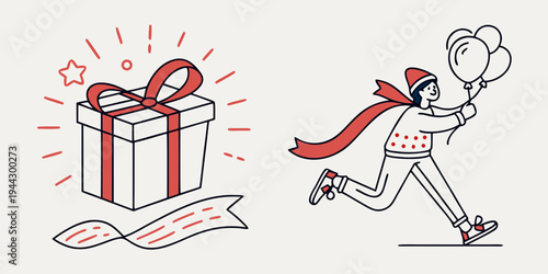 A person in a superhero costume running while holding a gift box and balloons