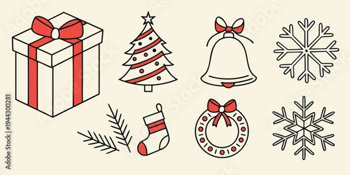 A collection of festive holiday icons including presents, snowflakes, and a wreath