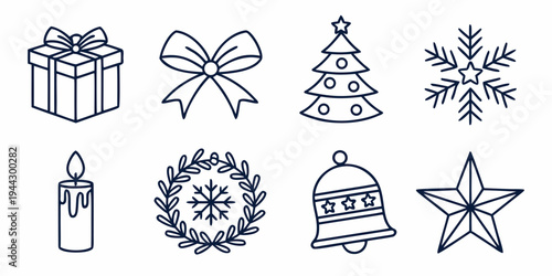 Assorted holiday icons featuring a gift box, ribbon, christmas tree, snowflakes, candle, wreath, bell, and star