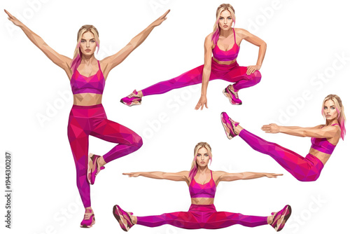 Fitness woman character set in yoga poses, sports workout illustrations. Athletic young woman performing stretching exercises, pilates, yoga flow. Sporty woman set in pink gym wear, fitness lifestyle