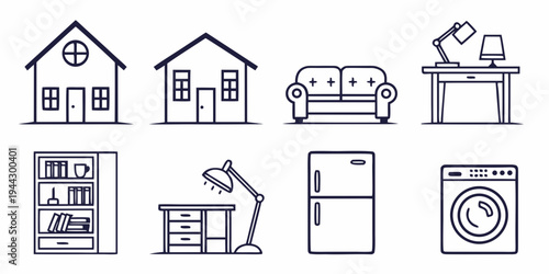 A collection of various household items and furniture in a simple line drawing style.