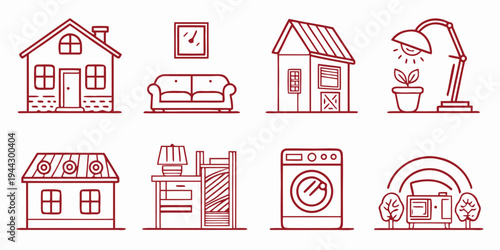 Set of icons representing various household items and appliances