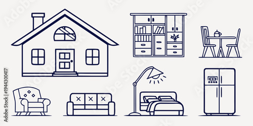 Various home and furniture icons including a house, living room, bedroom, and bathroom