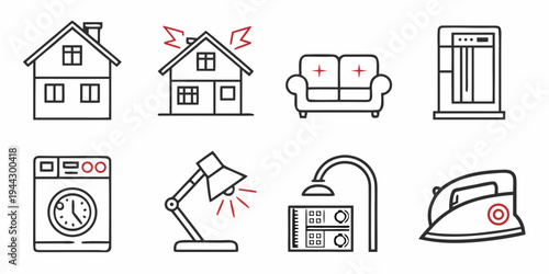 A collection of various household items and appliances illustrated in a simple line style