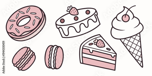 Assorted colorful pastries and desserts including donuts, cake, and ice cream