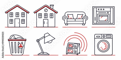 A collection of various household items and appliances in a simple line drawing style