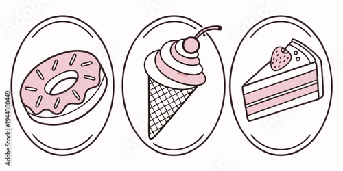 Three delicious desserts illustrated in a playful and colorful style