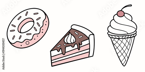 Assorted desserts including a doughnut, slice of cake, and ice cream cone