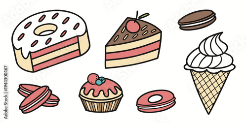 Assorted desserts including cake, ice cream, and donuts with various toppings