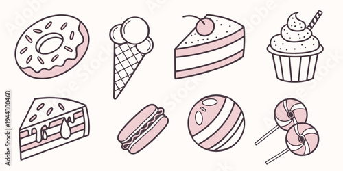 A delightful assortment of various pastries and desserts in a charming illustration