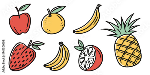 Assorted tropical and temperate fruits including apples, bananas, and pineapples