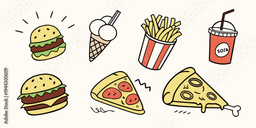 Assorted fast food items including a burger, pizza slice, fries, and a drink