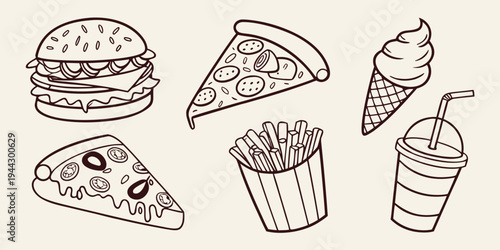 Assorted food items including a hamburger, pizza slice, ice cream cone, french fries, and a drink