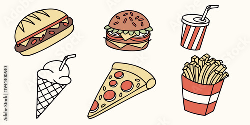 Assorted fast food items including a burger, pizza, fries, and a drink