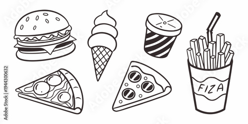 Assorted food items including a burger, ice cream, pizza, and soda.