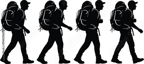 Hiking traveler silhouette set with male backpackers walking and trekking for outdoor adventure, mountain tourism, camping gear, journey exploration, and nomadic lifestyle vector designs.