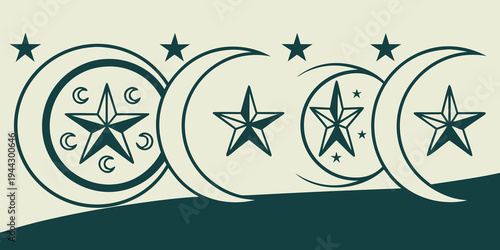 Five crescent moons with stars and a circular emblem on a dark blue background
