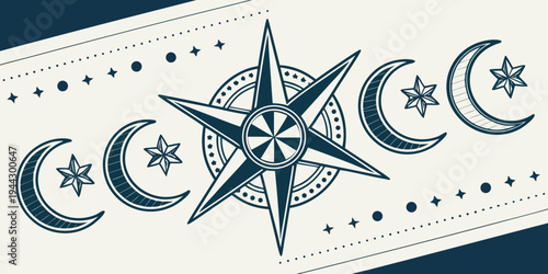 A mystical star surrounded by crescent moons on a white background.