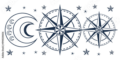 A collection of astrological symbols including the sun, moon, and planets