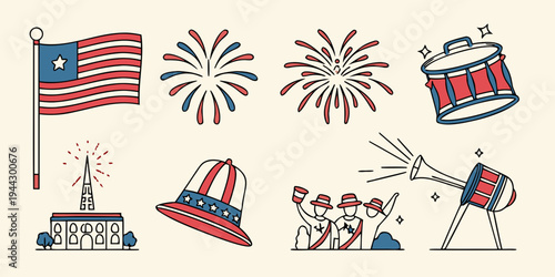 A festive scene featuring flags, fireworks, and people celebrating with hats and instruments