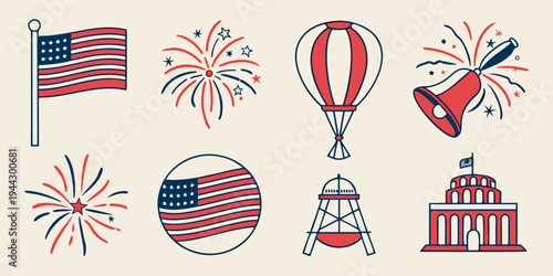 A vibrant collection of patriotic symbols including flags, fireworks, and a hot air balloon.