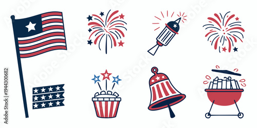 A collection of patriotic items including flags, fireworks, and party accessories