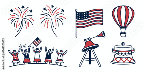 A festive scene with fireworks, flags, and a hot air balloon celebrating independence day