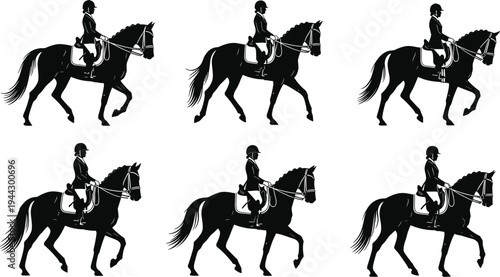 Horse riding equestrian silhouettes set with professional riders on dressage horses performing various gaits, movements, and trots for sports, racing, and farm animal vector designs.