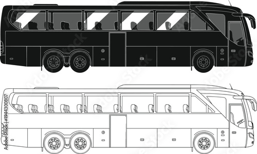 Black silhouette and detailed line illustration of passenger bus side view, showing exterior and interior design features, ideal for transport, education, and vehicle concepts