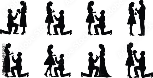 Marriage proposal silhouette set with man on bended knee proposing to woman for wedding invitations, engagement celebrations, romantic dates, love, and relationship vector designs.