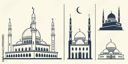 Detailed illustration of various mosque architectural styles and designs