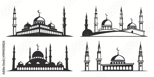 A collection of various mosque architectural designs and structures in black and white