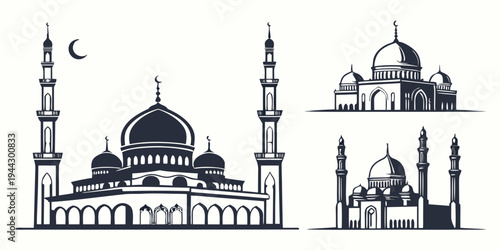 Three mosques with domes and minarets in different architectural styles