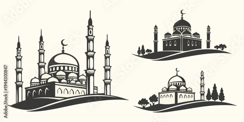 Three distinct architectural buildings with domes and minarets in a stylized illustration