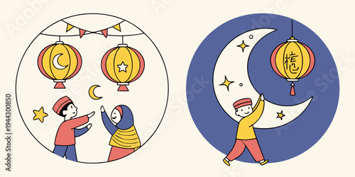 Two cheerful children dressed in pajamas playing with balloons under the moon.