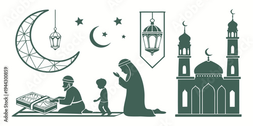 Muslim family praying during the holy month of ramadan with a mosque in the background