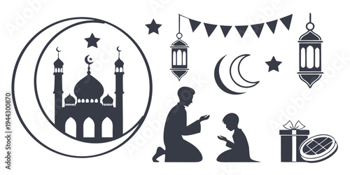 Islamic symbols and people praying during the holy month of ramadan