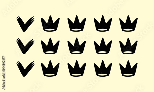 A collection of twelve black crown icons arranged in a three by four grid against a pale yellow background