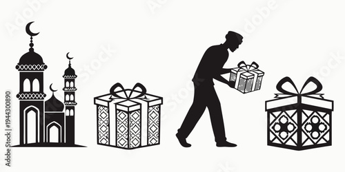 A man carrying two gift boxes in front of a mosque illustration