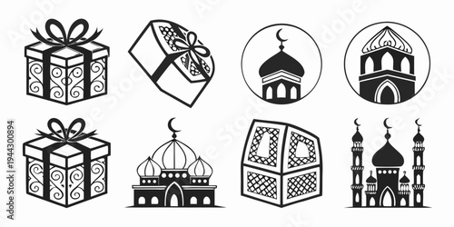 Assorted religious buildings and symbols including a mosque, church, and temple