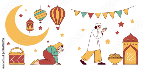 A whimsical illustration of a moon, hot air balloon, and children playing with toys