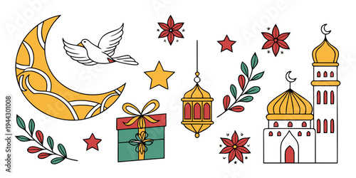 A festive scene with a crescent moon, stars, presents, and a mosque.