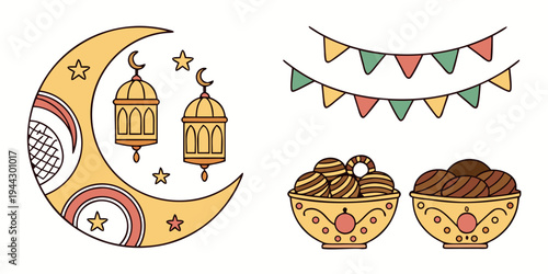 A delightful scene featuring a crescent moon, lanterns, and baskets of treats.