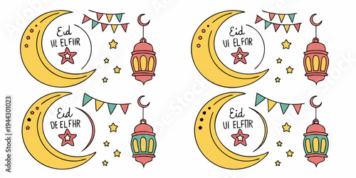A playful illustration of two crescent moons and two pumpkins with faces, surrounded by stars and bats.